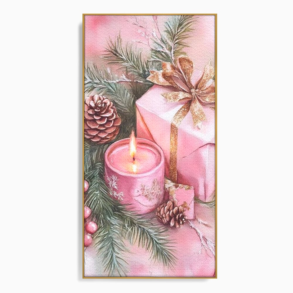 Tablou canvas cu ilustratie cu lumanare si cadou roz, in rama de aluminiu auriu